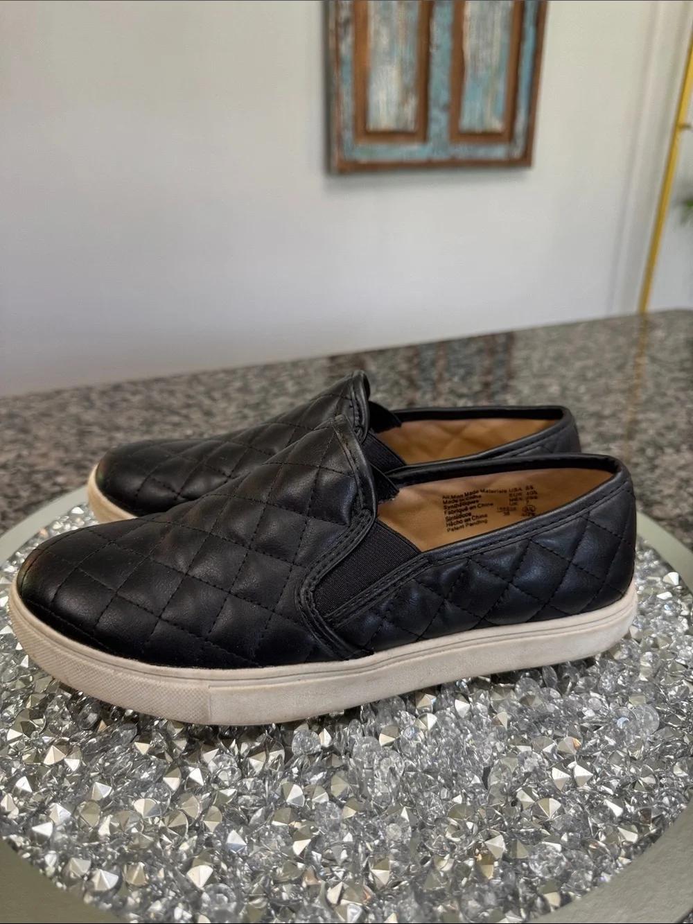 Brash Black Quilted Slip-On Sneakers with White Sole